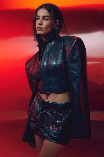 Womens Playboy Leather Look Boxy Oversized Cropped Jacket - - 12 - MISSPAP - Modalova