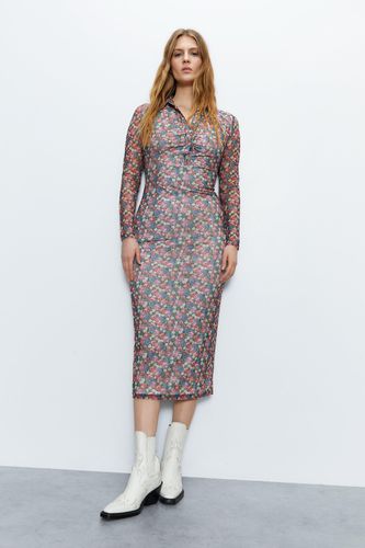 Womens Floral Print Mesh Ruched Shirt Midi Dress - - 10 - Warehouse - Modalova