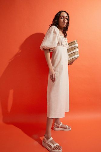 Womens Cotton Puff Sleeve Ruched Bodice Midi Dress - - 12 - Warehouse - Modalova
