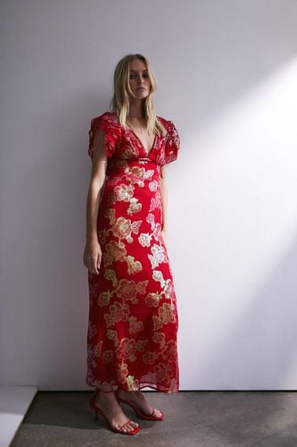 Womens Sparkle Jacquard Ruffle V Neck Midi Dress - - 12 - Warehouse - Modalova