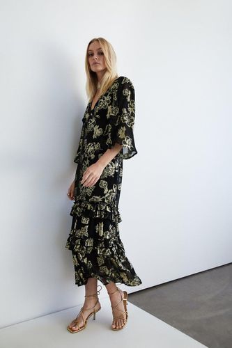 Womens Sparkle Jacquard V Neck Frill Maxi Dress - - 12 - Warehouse - Modalova