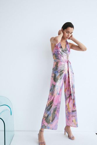 Womens WH x Kimberley Burrows Printed Sequin Halter Wrap Jumpsuit - - XL - Warehouse - Modalova