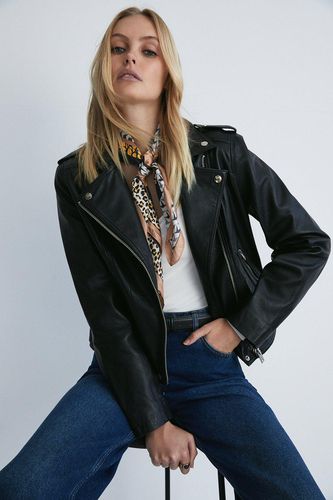 Womens Real Leather Tab Detail Biker Jacket - - 6 - Warehouse - Modalova