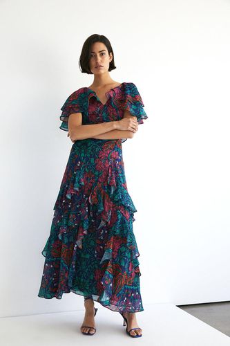 Womens WH x William Morris Society Sparkle Ruffled Midi Dress - - 8 - Warehouse - Modalova