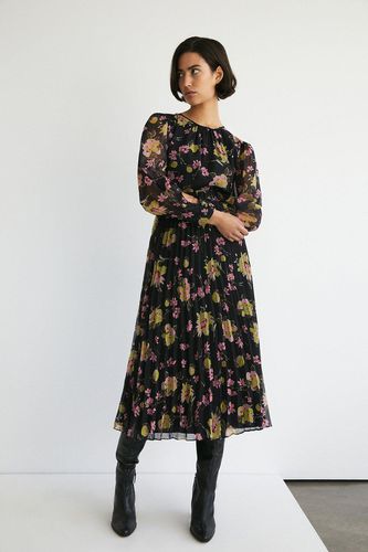 Womens Floral Pleated Chiffon Belted Midi Dress - - 10 - Warehouse - Modalova