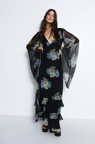 Womens Waterfall Sleeve Plunge Floral Maxi Dress - - 6 - Warehouse - Modalova