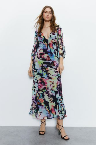 Womens Abstract Print Fluted Sleeve Plunge Maxi Dress - - 10 - Warehouse - Modalova