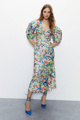 Womens Bright Floral Print Puff Sleeve V Neck Dress - - 10 - Warehouse - Modalova
