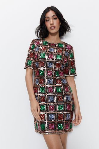 Womens Sequin Checkerboard Short Sleeve Mini Dress - - 10 - Warehouse - Modalova