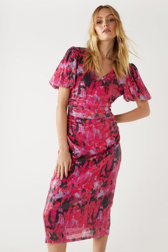 Womens Printed Sequin Puff Sleeve Ruched Midi Dress - - 10 - Warehouse - Modalova