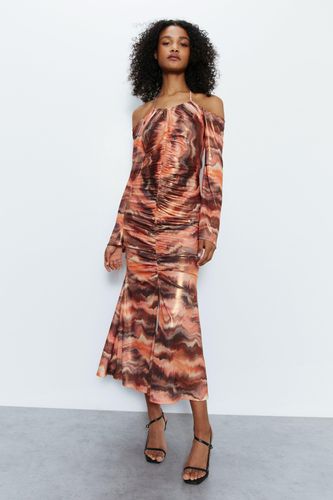 Womens Printed Metallic Ruche Front Dress - - 6 - Warehouse - Modalova