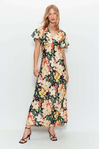 Womens Dark Floral Fluted Sleeve Maxi Tea Dress - - 6 - Warehouse - Modalova