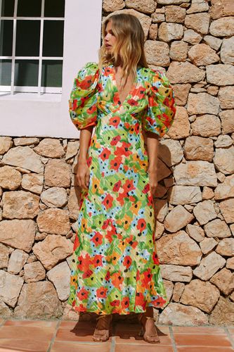 Womens Poppy Floral Print Puff Sleeve V Neck Dress - - 6 - Warehouse - Modalova