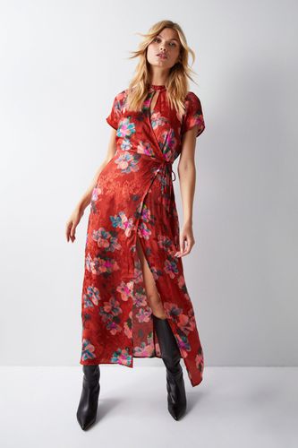 Womens Floral Printed Viscose Jacquard Keyhole Midi Dress - - 10 - Warehouse - Modalova