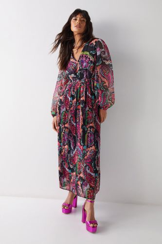 Womens Paisley Print V Neck Chiffon Pleated Midi Dress - - 10 - Warehouse - Modalova