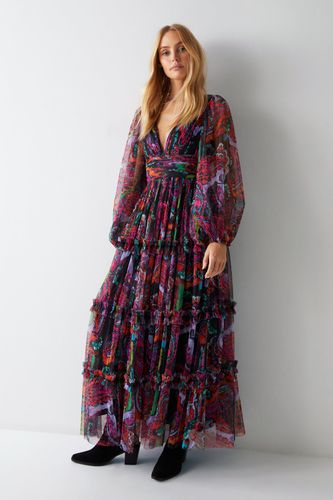 Womens Paisley Tulle Balloon Sleeve Tiered Maxi Dress - - 10 - Warehouse - Modalova