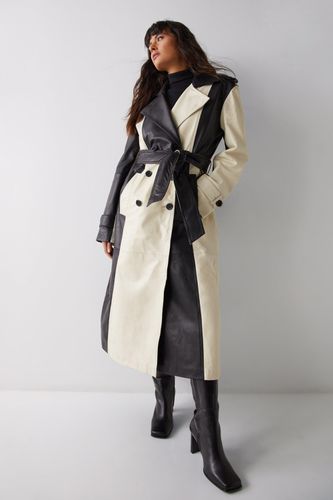Womens Premium Real Leather Colourblock Trench Coat - - 12 - Warehouse - Modalova