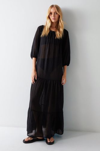 Womens Cotton Ruched Neck Balloon Sleeve Tiered Maxi Beach Dress - - S - Warehouse - Modalova