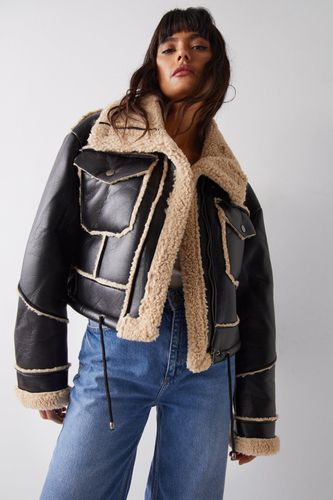 Womens Faux Leather Shearling Crop Jacket - - L - Warehouse - Modalova
