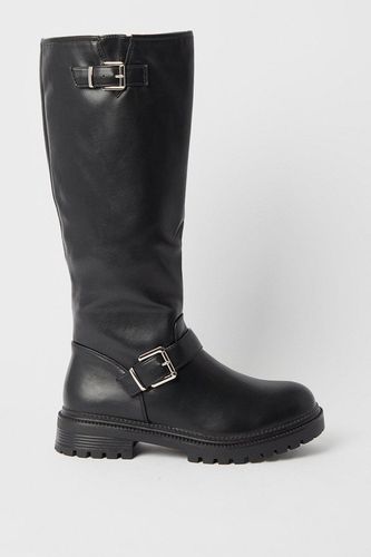 Womens Faux Leather Double Buckle Knee High Boots - - 3 - Warehouse - Modalova