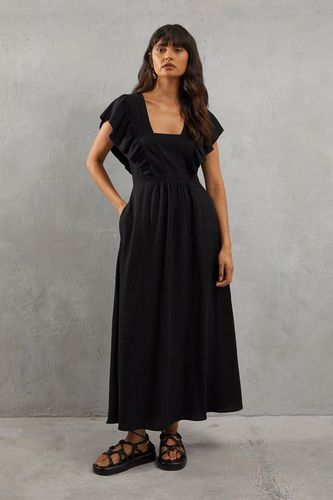 Womens Linen Frill Neck Plunge Neck Midi Dress - - 10 - Warehouse - Modalova