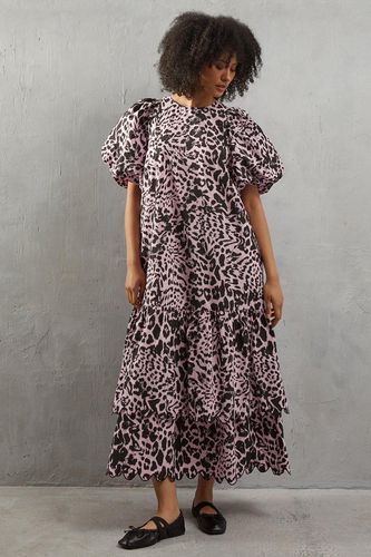 Womens Poplin Leopard Print Volume Sleeve Scallop Detail Smock Dress - - 12 - Warehouse - Modalova