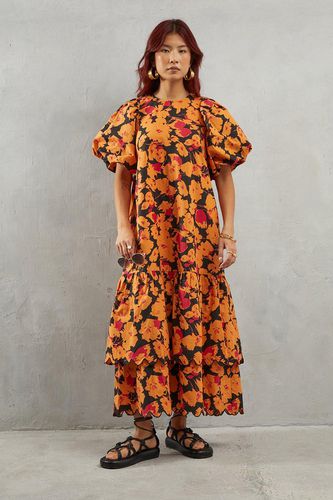 Womens Poplin Orange Floral Print Volume Sleeve Scallop Detail Smock Dress - - 10 - Warehouse - Modalova