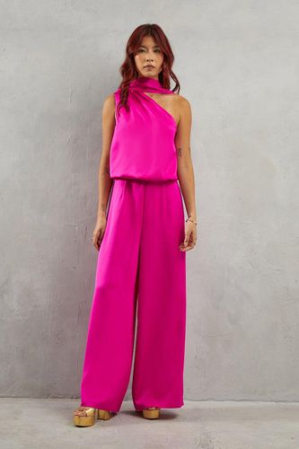 Womens One Shoulder Drop Waist Satin Wide Leg Jumpsuit - - 10 - Warehouse - Modalova