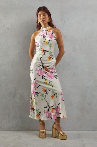 Womens Floral Satin Halter Neck Backless Slip Dress - - 10 - Warehouse - Modalova