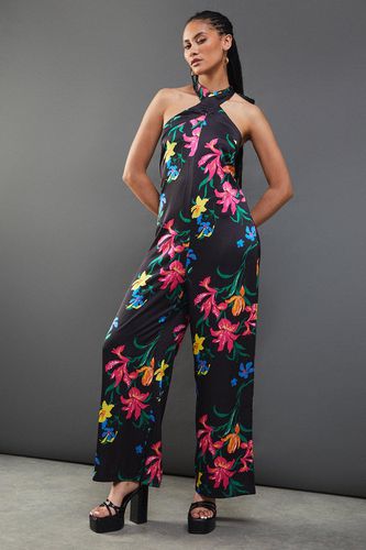 Womens Floral Satin Halterneck Jumpsuit - - 16 - Warehouse - Modalova