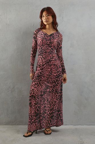 Womens Leopard Print Mesh Fitted Ruched Midi Dress - - 16 - Warehouse - Modalova