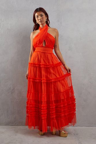 Womens Tulle Halter Shirred Waist Tier Maxi Dress - - 12 - Warehouse - Modalova