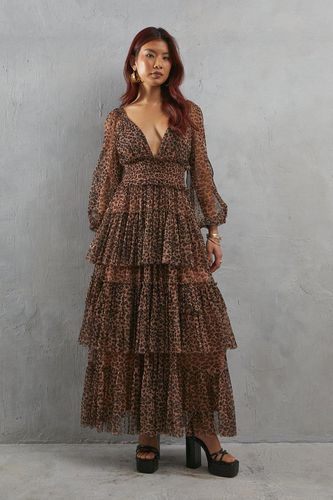 Womens Tulle Leopard Print Plunge Neck Long Sleeve Tier Maxi Dress - - 10 - Warehouse - Modalova