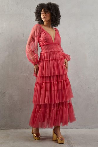 Womens Tulle Plunge Neck Long Sleeve Tier Maxi Dress - - 12 - Warehouse - Modalova