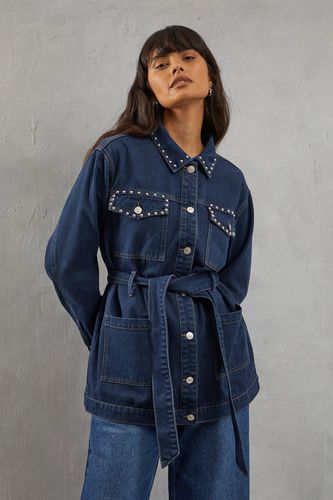 Womens Stud Detail Belted Denim Jacket - - 10 - Warehouse - Modalova