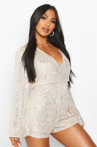 Womens Blouson Sleeve Wrap Front Sequin Playsuit - - 12 - boohoo - Modalova