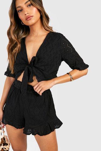 Womens Broderie Knot Top & Ruffle Hem Shorts - - 14 - boohoo - Modalova