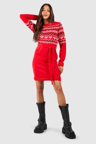 Womens Belted Fairisle Christmas Jumper Dress - - XS - boohoo - Modalova