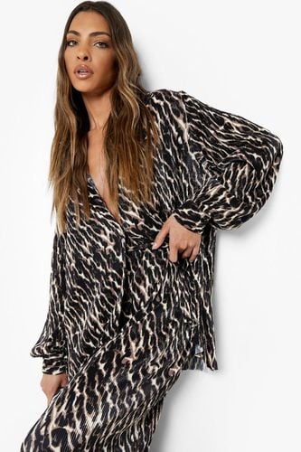 Womens Leopard Print Plisse Relaxed Fit Shirt - - 14 - boohoo - Modalova