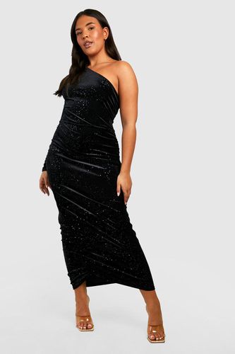 Womens Plus One Shoulder Glitter Velvet Midi Dress - - 24 - boohoo - Modalova