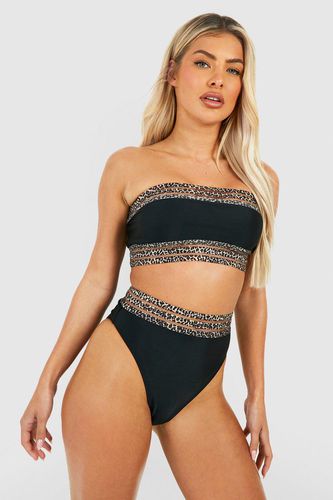 Womens Leopard Mesh Trim Bandeau Bikini Set - - 10 - boohoo - Modalova