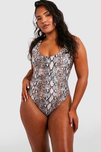 Womens Plus Essentials Snake Print Scoop Swimsuit - - 18 - boohoo - Modalova