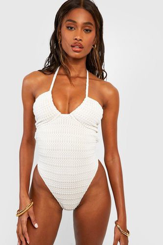 Womens Textured Ruched Halterneck Tie Swimsuit - - 12 - boohoo - Modalova