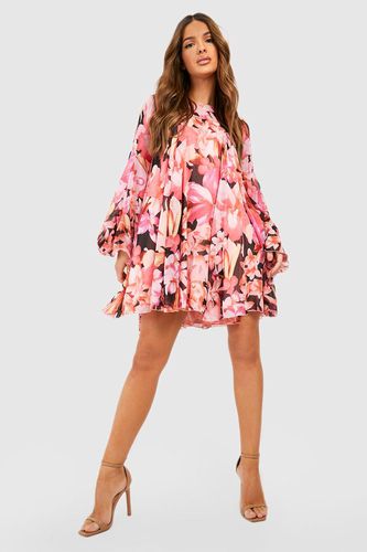 Womens Floral Print Flared Sleeve Smock Dress - - 10 - boohoo - Modalova