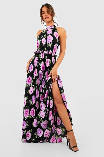 Womens Floral Print Pleated High Neck Maxi Dress - - 12 - boohoo - Modalova