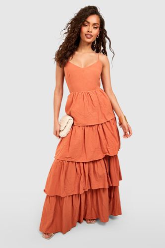 Womens V Neck Tiered Linen Maxi Dress - - 8 - boohoo - Modalova