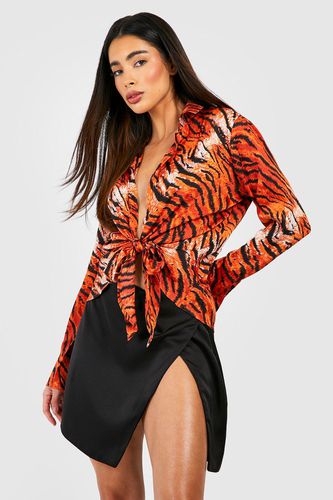 Womens Tie Front Tiger Print Shirt - - 10 - boohoo - Modalova