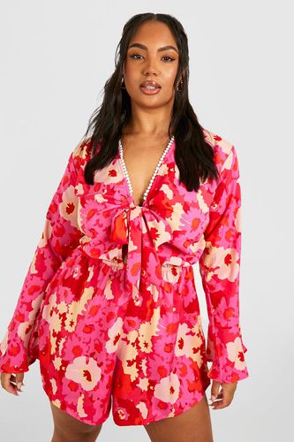Womens Plus Woven Floral Print Tie Front Playsuit - - 16 - boohoo - Modalova