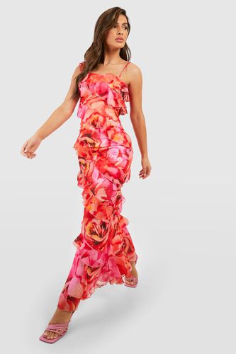 Womens Floral Ruffle Chiffon Asymmetric Maxi Dress - - 12 - boohoo - Modalova