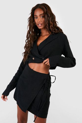 Womens Linen Mix Wrap Front Tailored Mini Skirt - - 8 - boohoo - Modalova